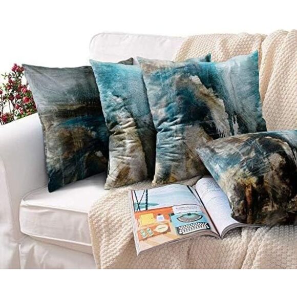 Emvency Set of 4 Teal & Brown Abstract 22x22 Pillow Covers – New - Picture 1 of 5